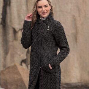 Aran Mor Knit Coatigan with Celtic Knot Side Zip Size M Charcoal Grey